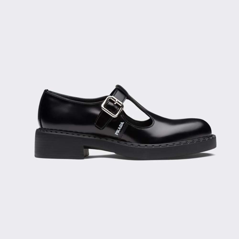 Side view of Prada Women Brushed leather T-Strap Shoes-Black showing silhouette
