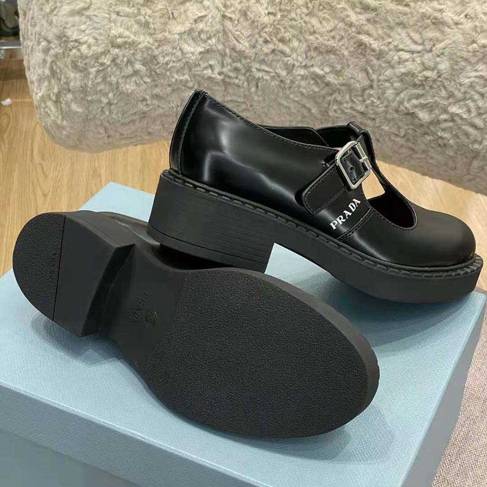 Prada Women Brushed leather T-Strap Shoes-Black - image 6
