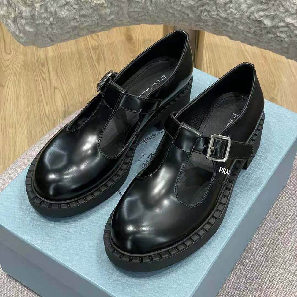 Prada Women Brushed leather T-Strap Shoes-Black - image 4