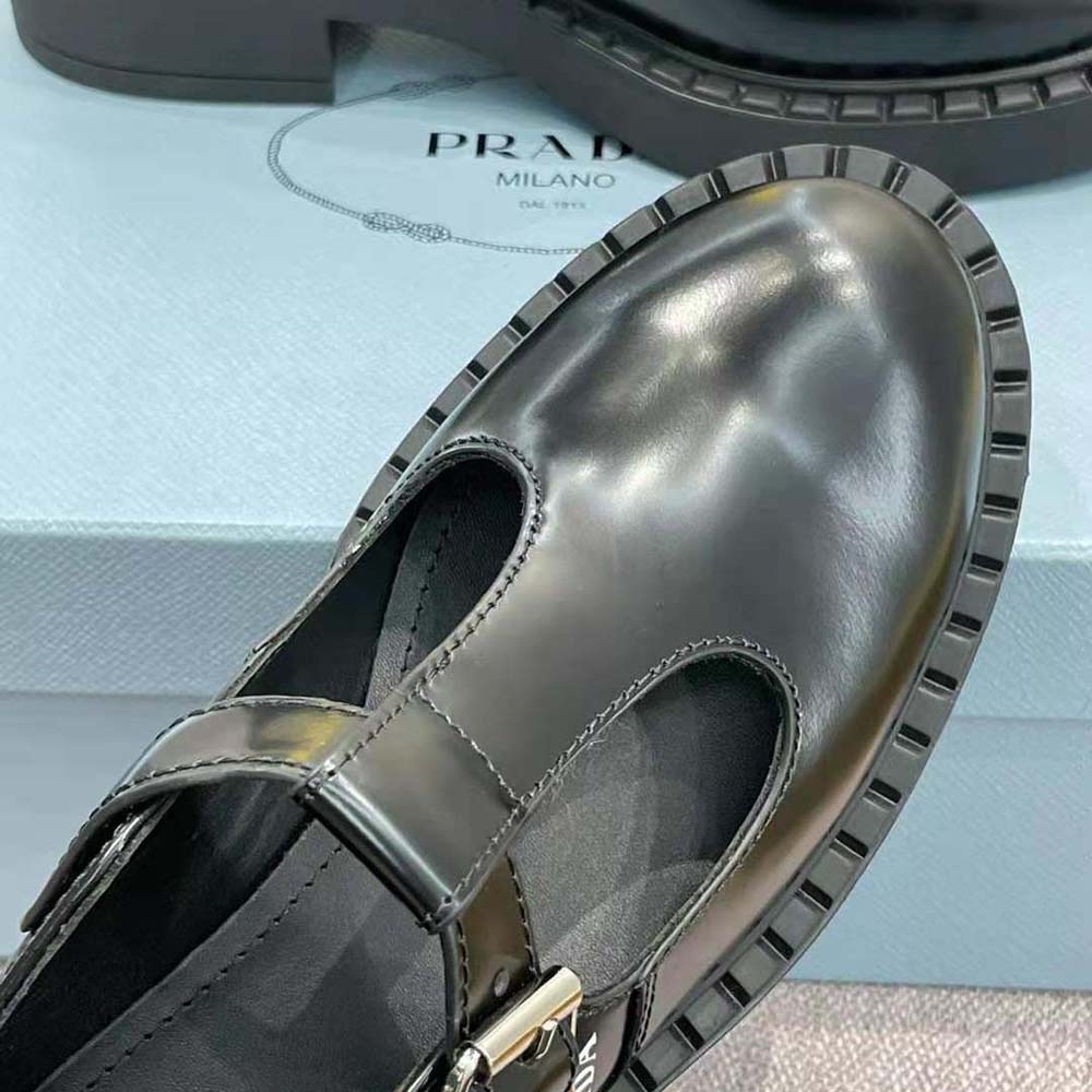 Prada Women Brushed leather T-Strap Shoes-Black - image 10