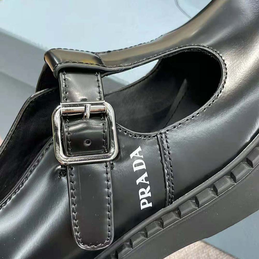 Prada Women Brushed leather T-Strap Shoes-Black - image 9