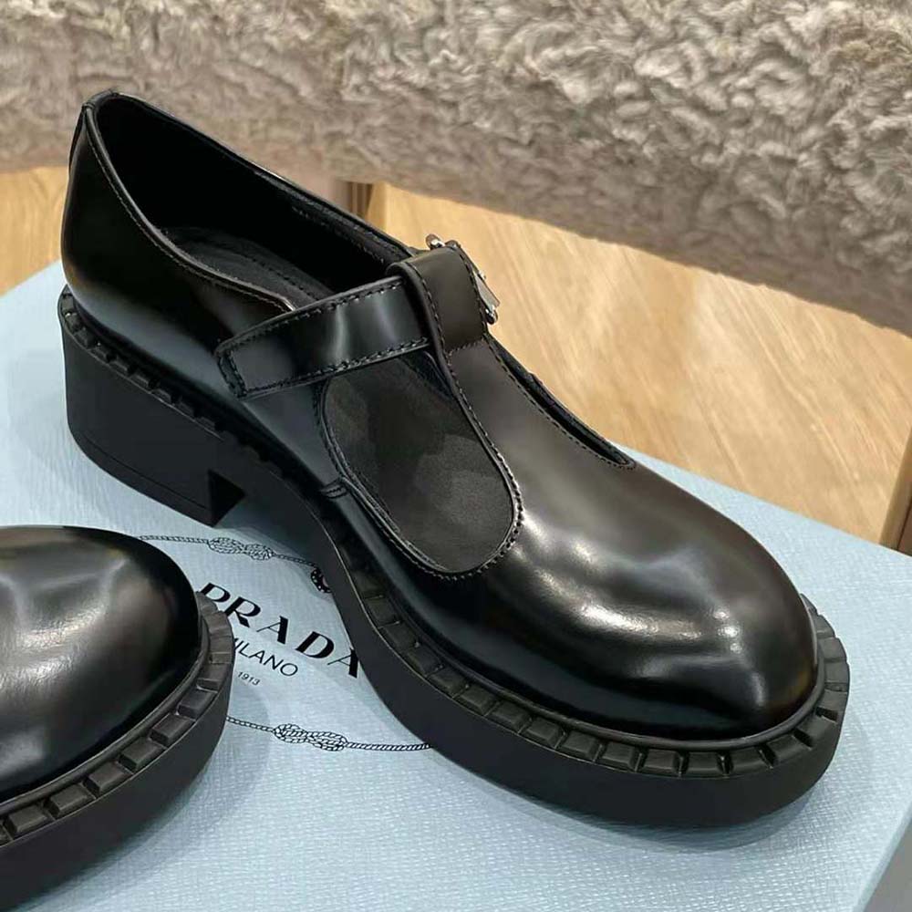 Prada Women Brushed leather T-Strap Shoes-Black - image 8