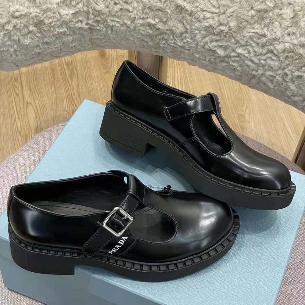 Prada Women Brushed leather T-Strap Shoes-Black - image 5