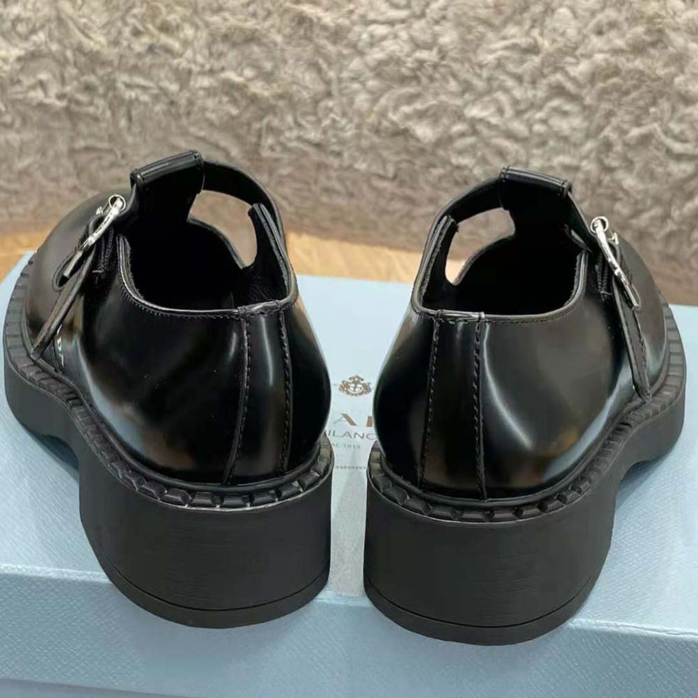 Prada Women Brushed leather T-Strap Shoes-Black - image 7