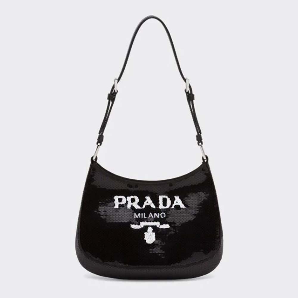 Front view of Prada Women Cleo Sequined Bag with embroidered logo