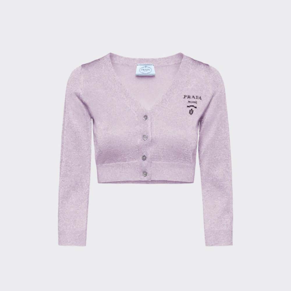 Front view of Prada Women Cropped Lurex Cardigan with Intarsia Logo-Purple