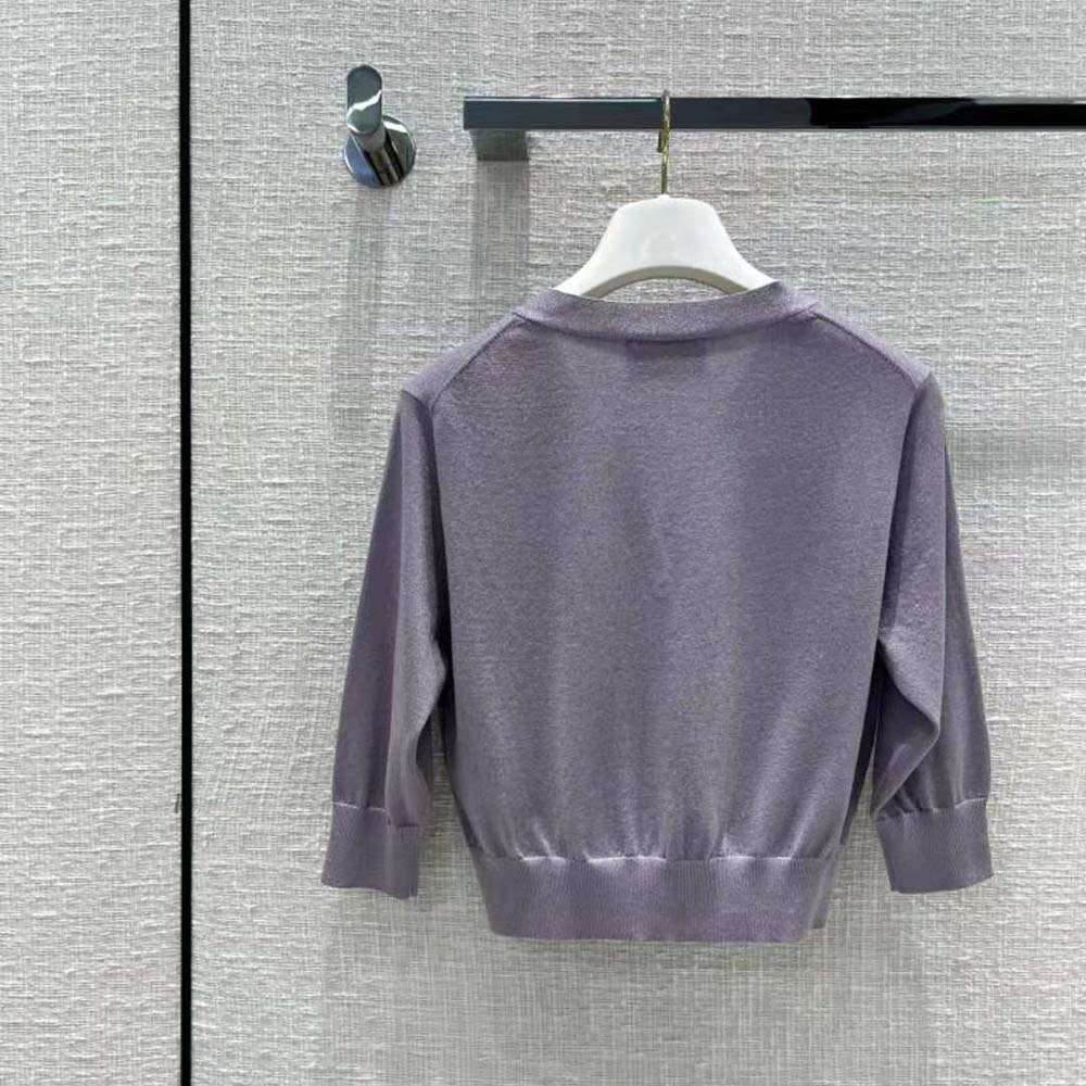 Side profile showing cropped fit of Prada Women Cropped Lurex Cardigan