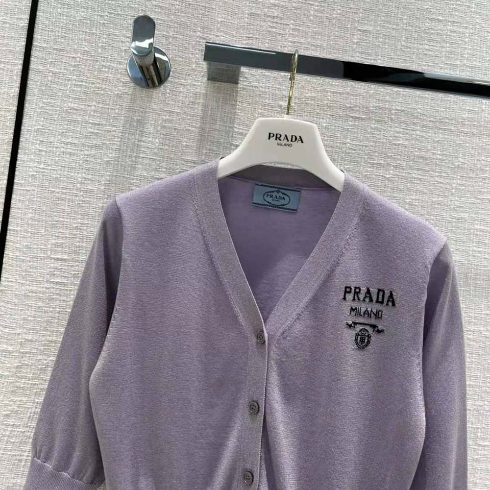 Prada Women Cropped Lurex Cardigan with Intarsia Logo-Purple - image 4