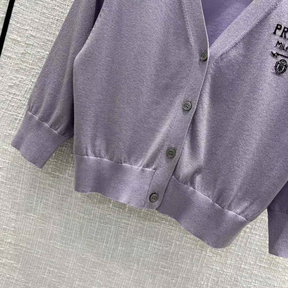 Prada Women Cropped Lurex Cardigan with Intarsia Logo-Purple - image 8
