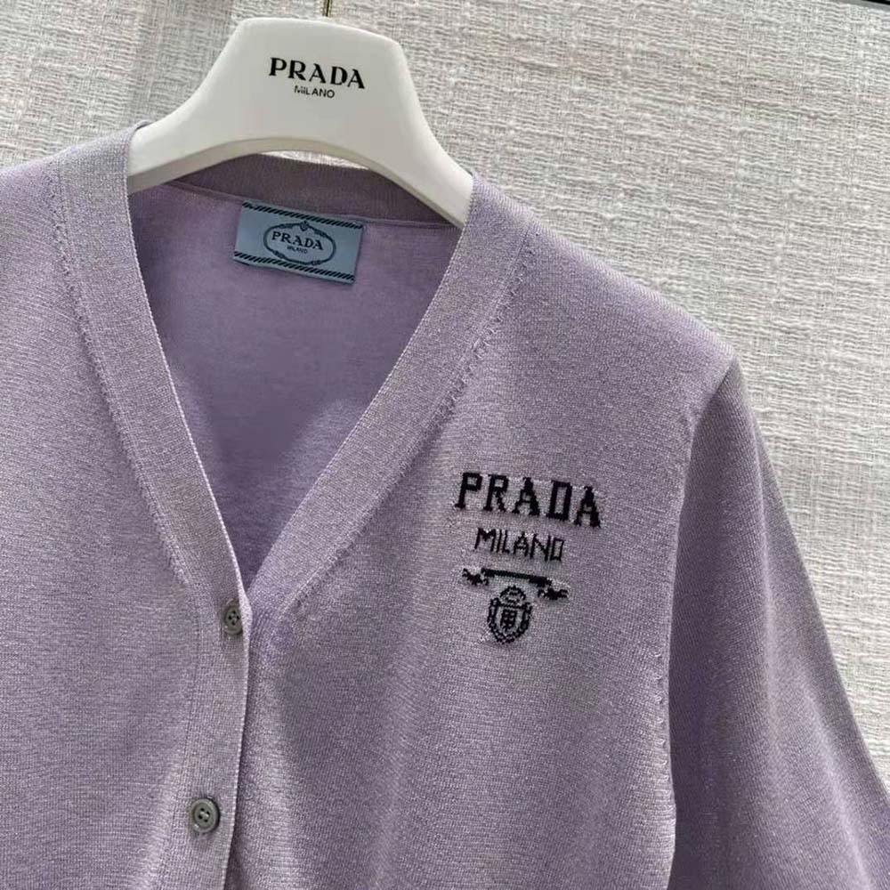 Prada Women Cropped Lurex Cardigan with Intarsia Logo-Purple - image 6