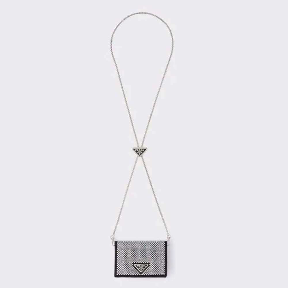 Front angle of Prada Women Crystal-Studded Card Holder with Shoulder Strap-Black