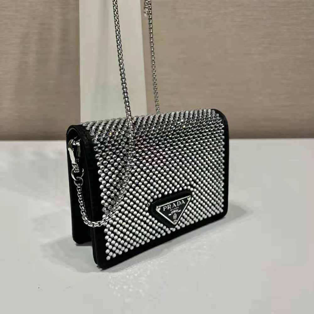 Prada Women Crystal-Studded Card Holder with Shoulder Strap-Black - image 5
