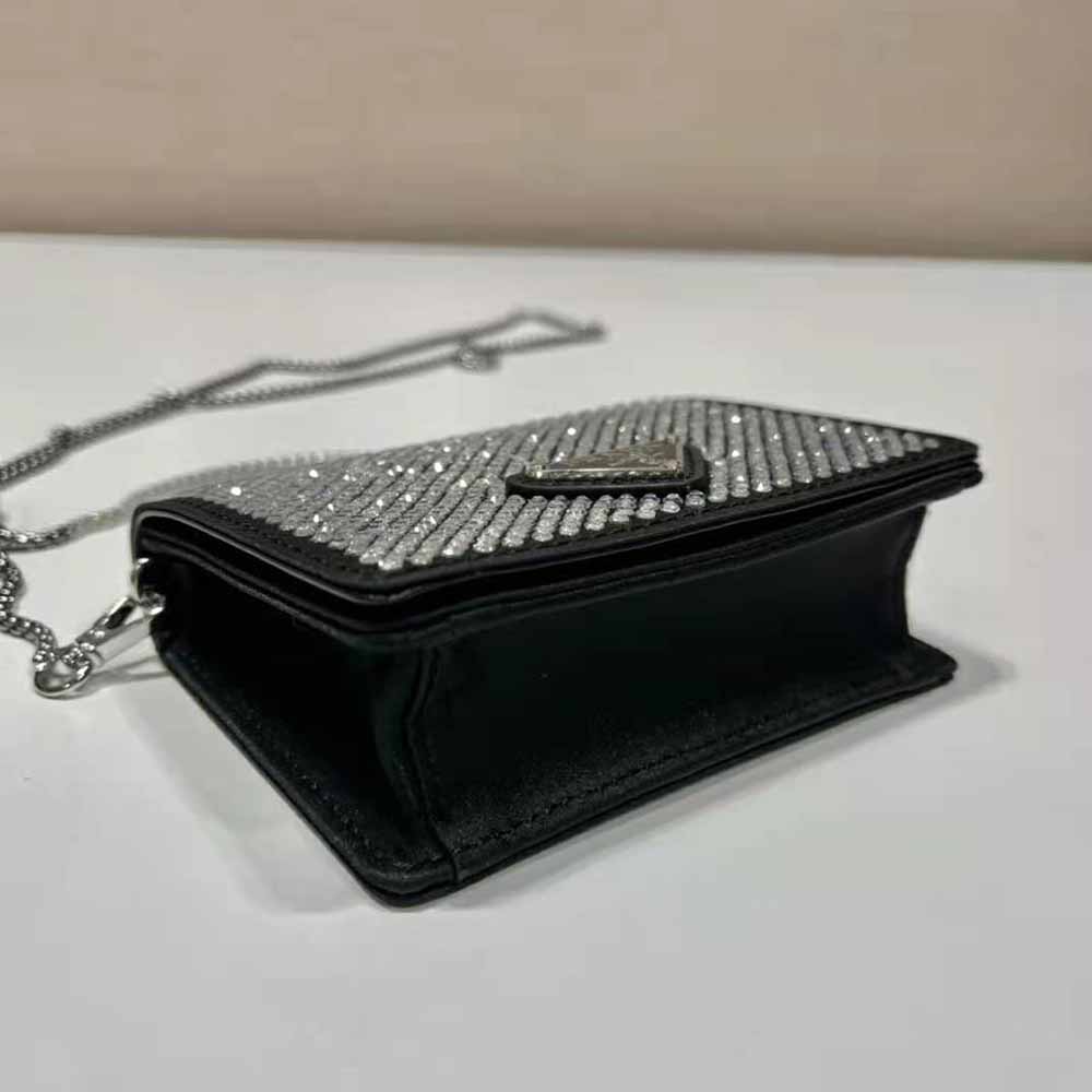 Prada Women Crystal-Studded Card Holder with Shoulder Strap-Black - image 6