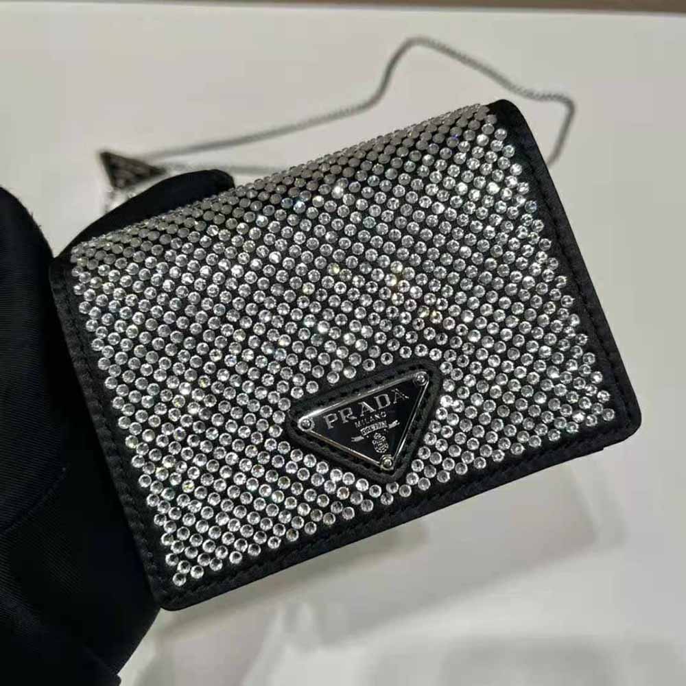 Prada Women Crystal-Studded Card Holder with Shoulder Strap-Black - image 7