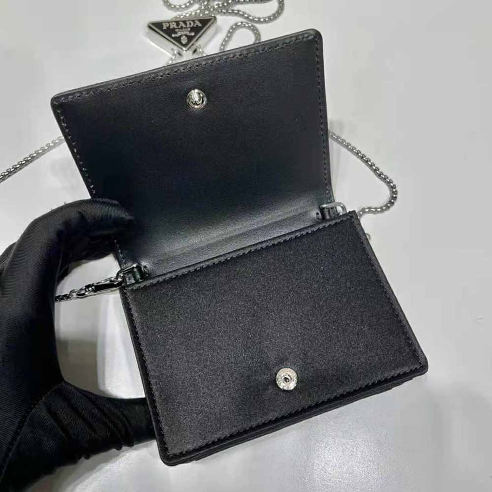 Prada Women Crystal-Studded Card Holder with Shoulder Strap-Black - image 8