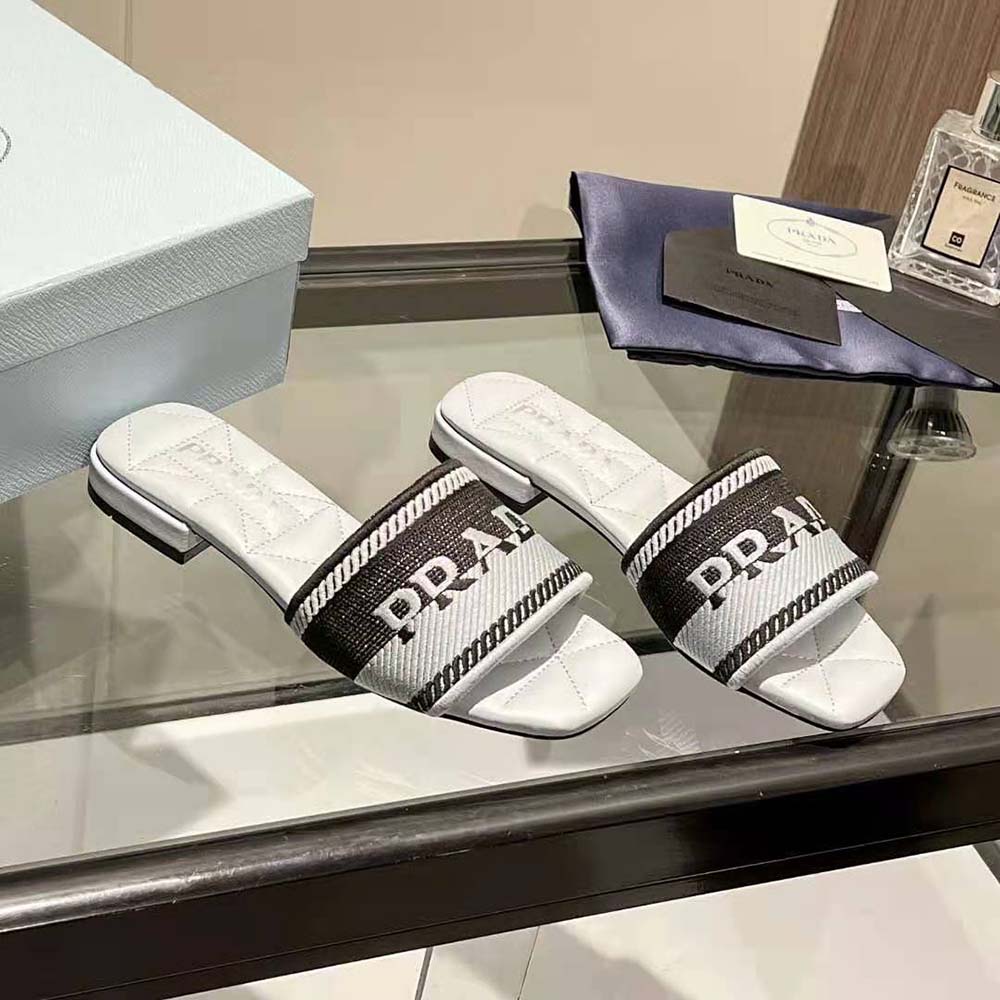 Prada Women Embroidered Fabric Slides With Embroidered Lettering Logo-White - image 6
