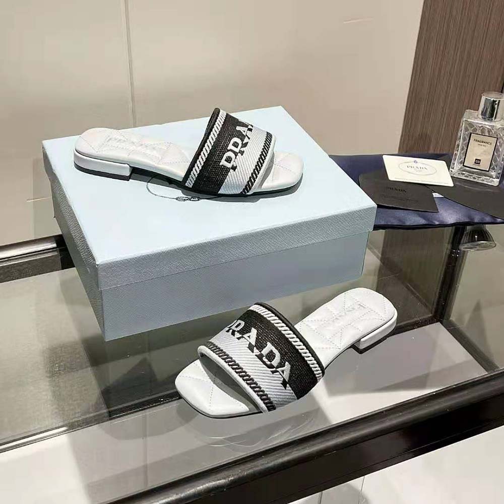 Prada Women Embroidered Fabric Slides With Embroidered Lettering Logo-White - image 8