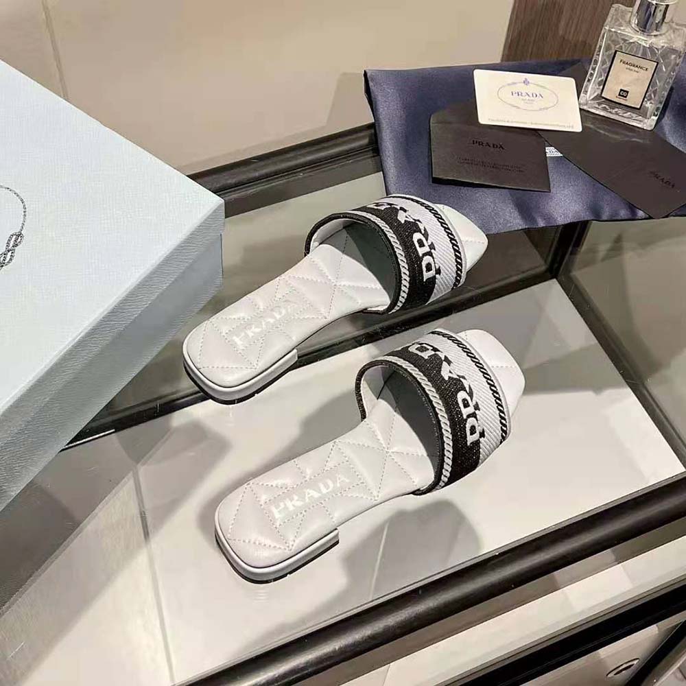 Prada Women Embroidered Fabric Slides With Embroidered Lettering Logo-White - image 4