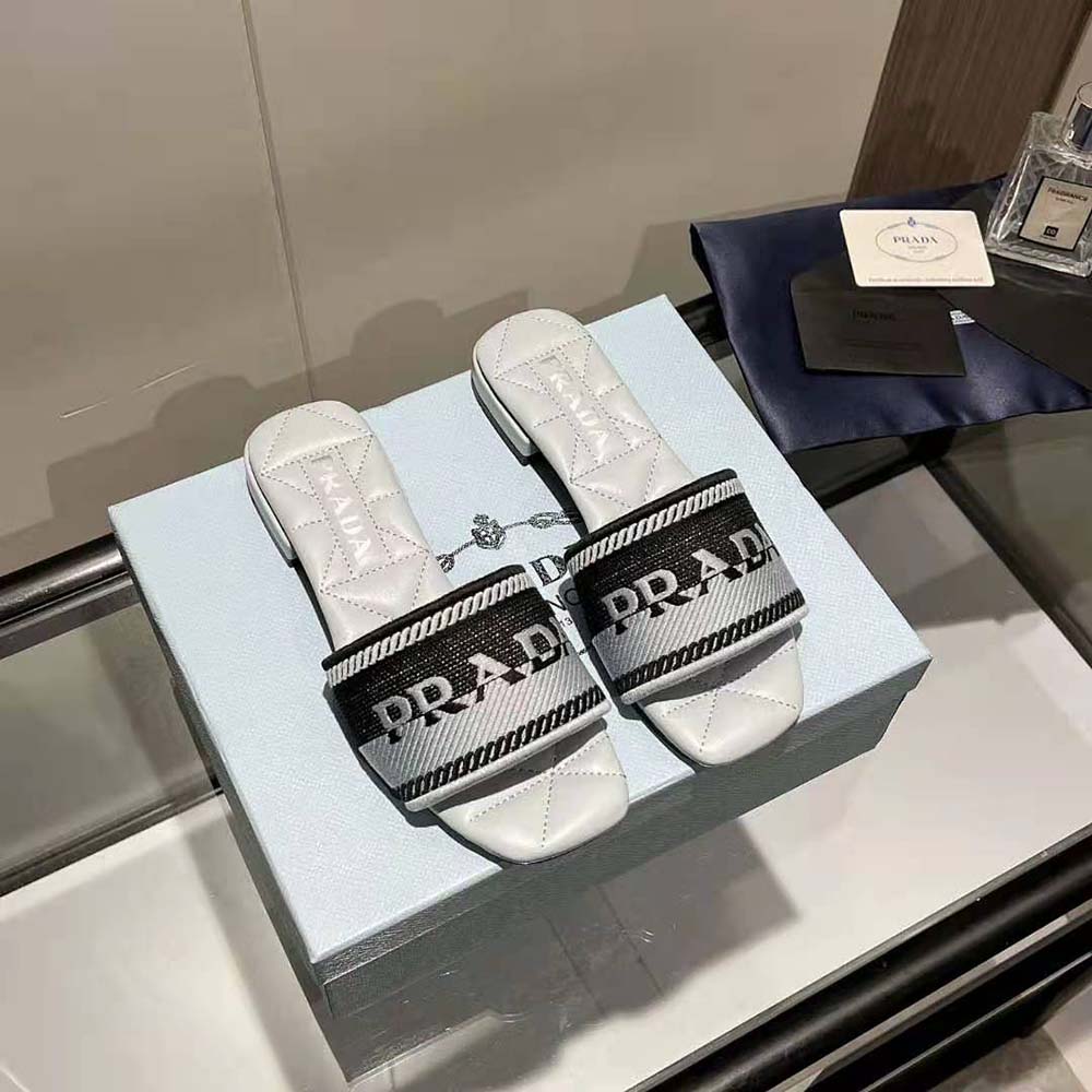 Prada Women Embroidered Fabric Slides With Embroidered Lettering Logo-White - image 5