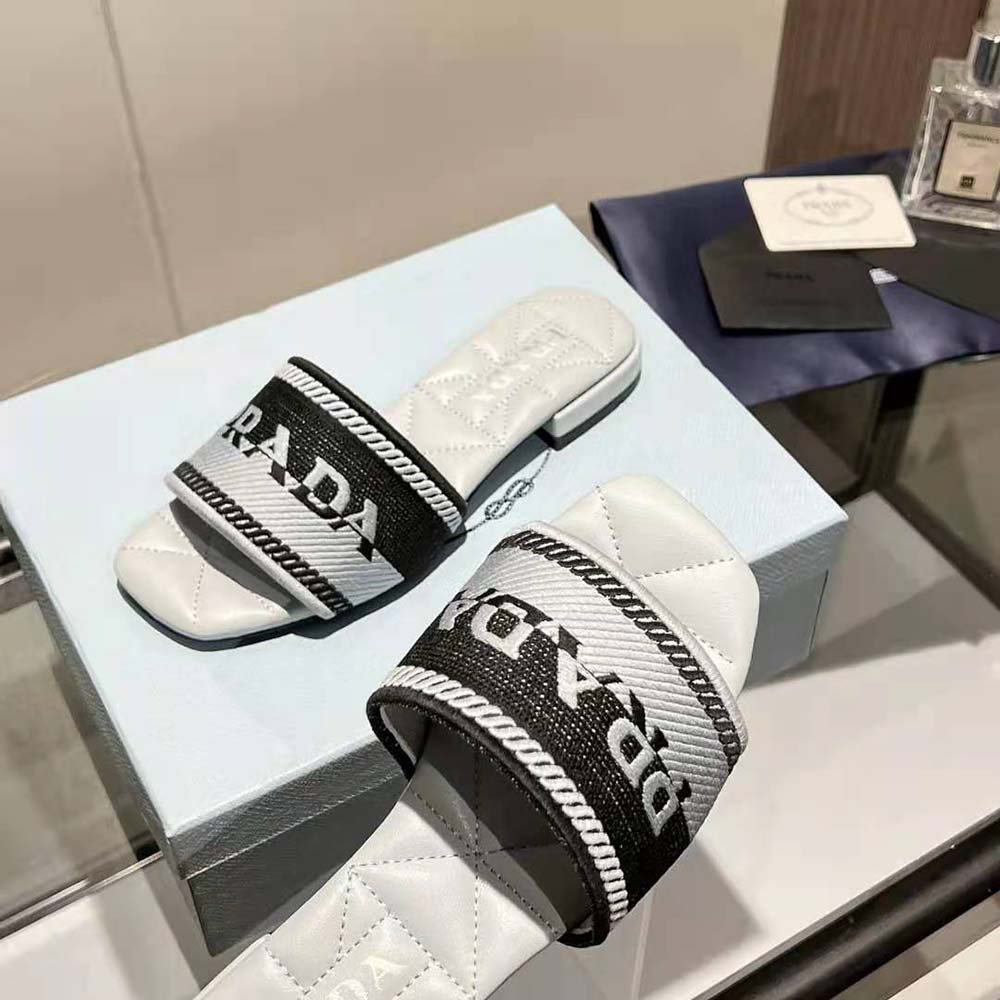 Prada Women Embroidered Fabric Slides With Embroidered Lettering Logo-White - image 9