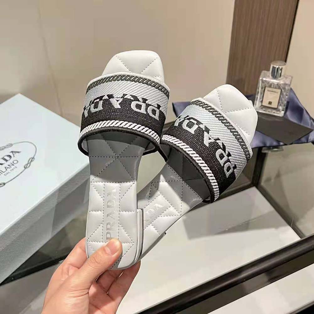 Prada Women Embroidered Fabric Slides With Embroidered Lettering Logo-White - image 7