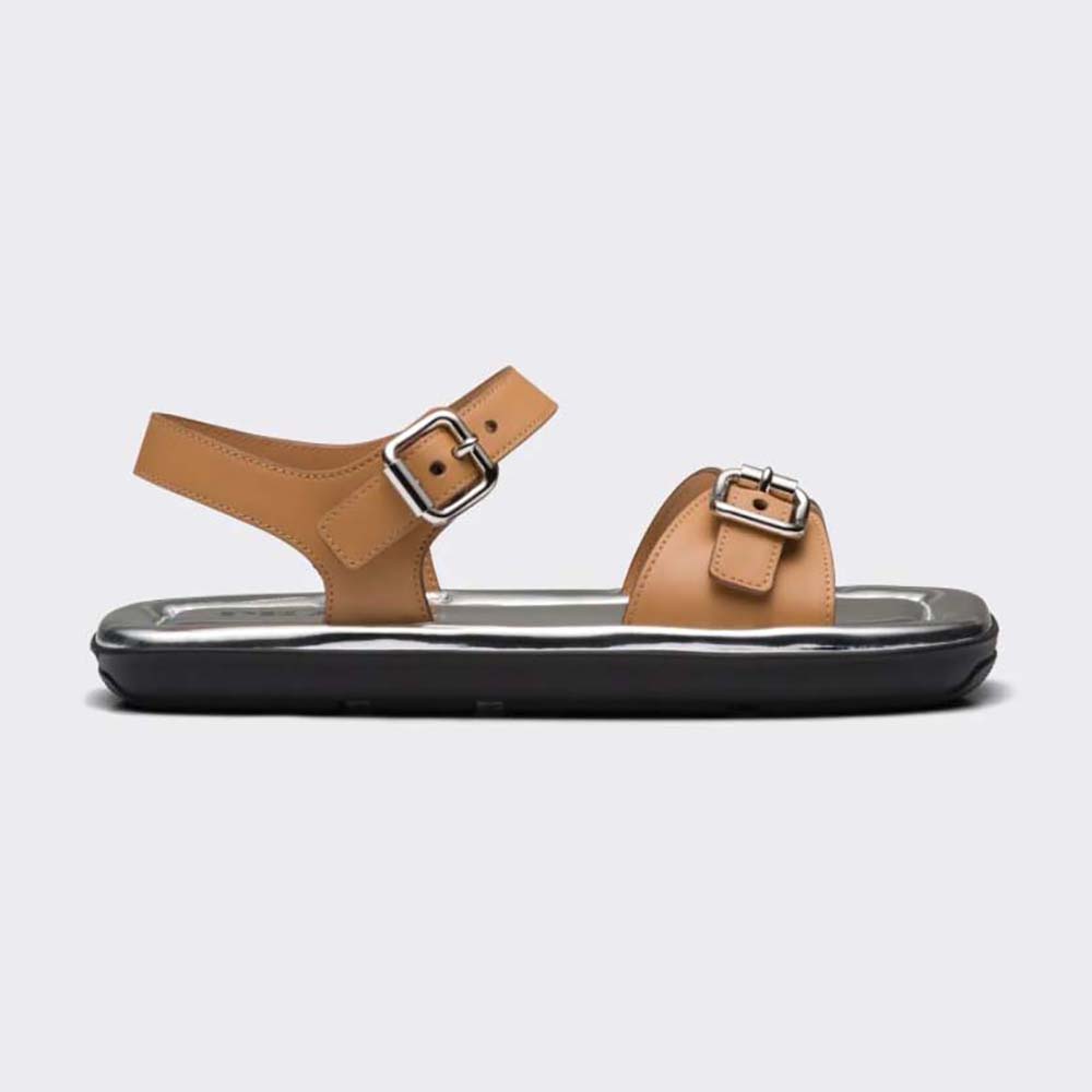 Side view of Prada Women Flat Rectangular Leather Sandals-Brown showing silhouette
