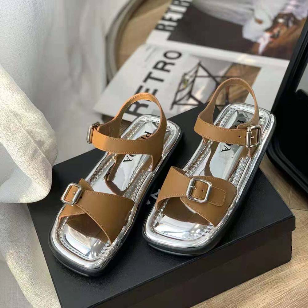 Top-down view of Prada Women Flat Rectangular Leather Sandals-Brown with slip-on design