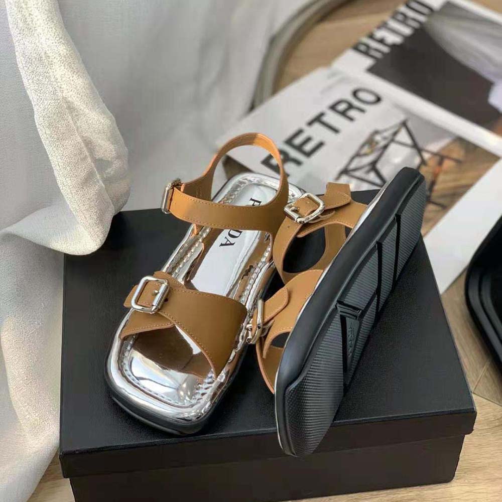 Prada Women Flat Rectangular Leather Sandals-Brown - image 9