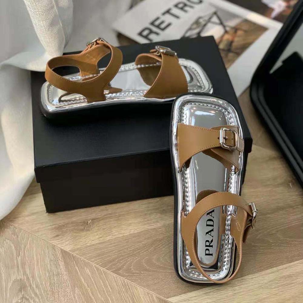 Prada Women Flat Rectangular Leather Sandals-Brown - image 7