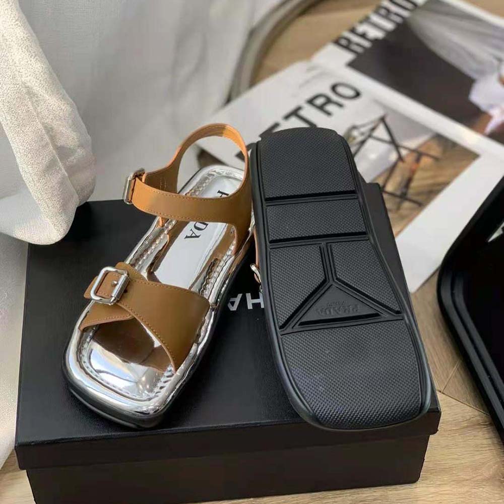 Prada Women Flat Rectangular Leather Sandals-Brown - image 8
