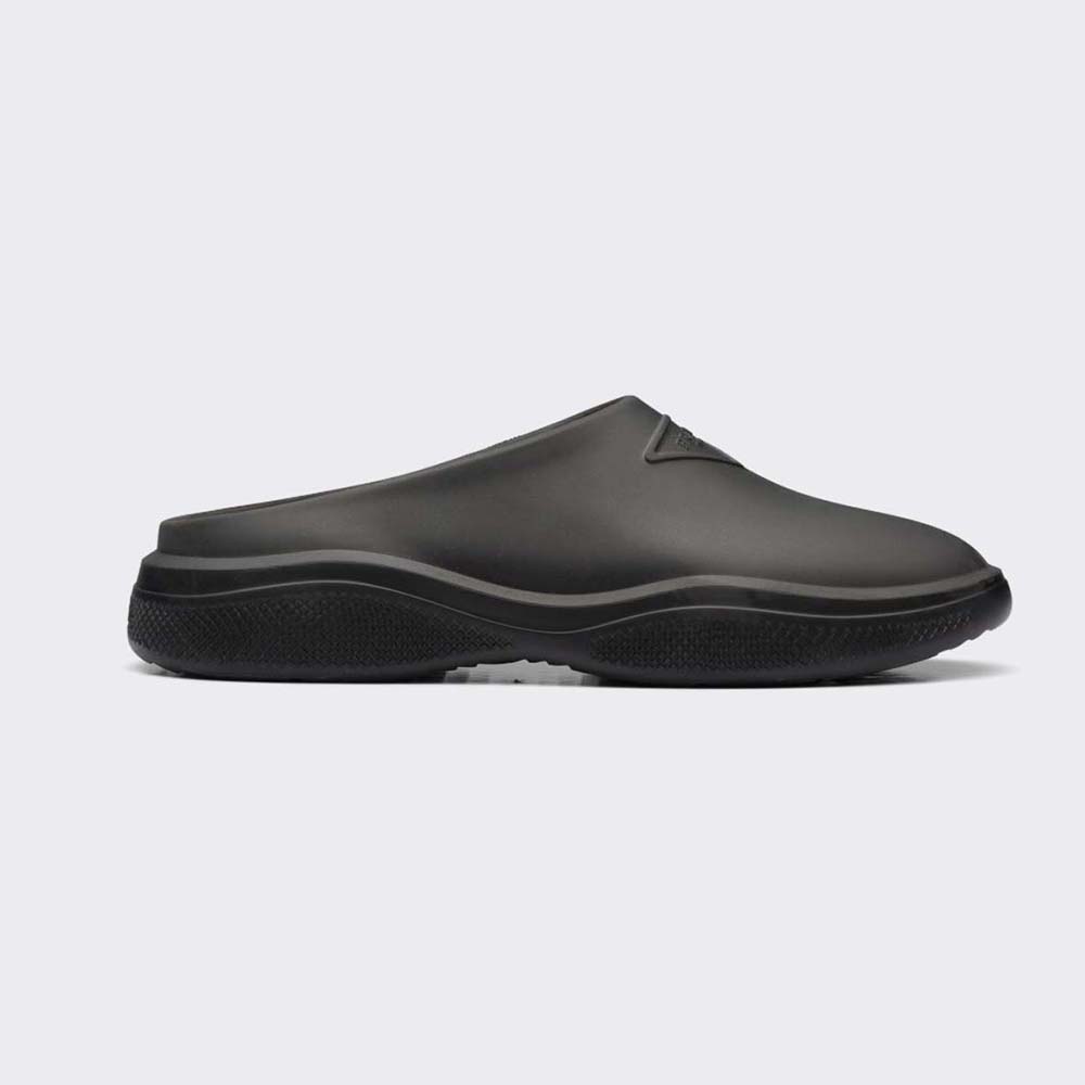 Side angle of Prada Women Foam Rubber Mules With Embossed Rubber Triangle Logo-Black