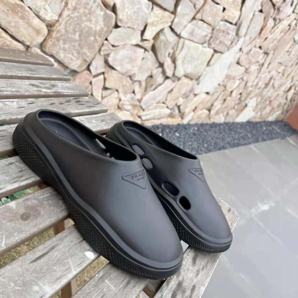 Top view showcasing sleek silhouette of Prada Women Foam Rubber Mules in black