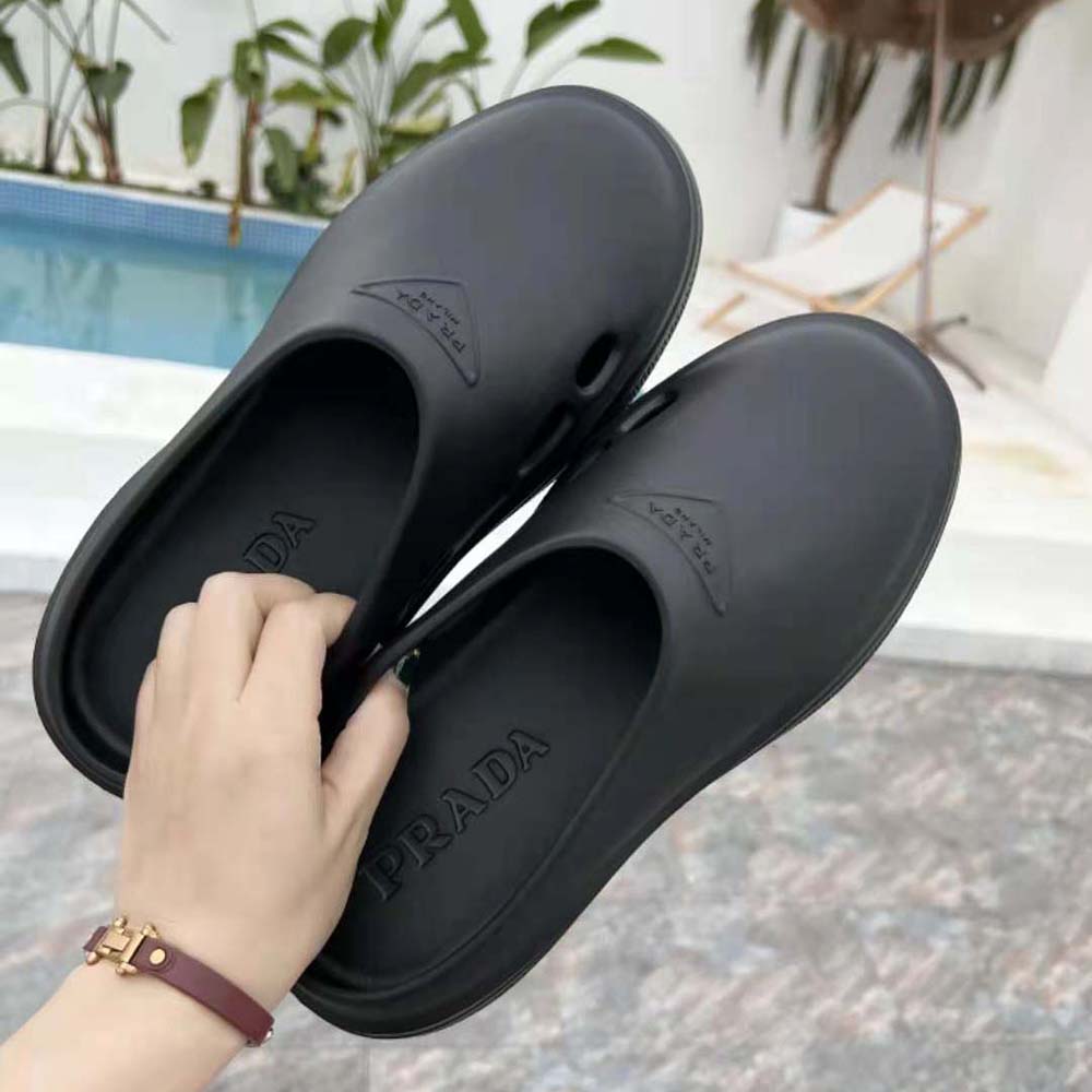 Prada Women Foam Rubber Mules With Embossed Rubber Triangle Logo-Black - image 5