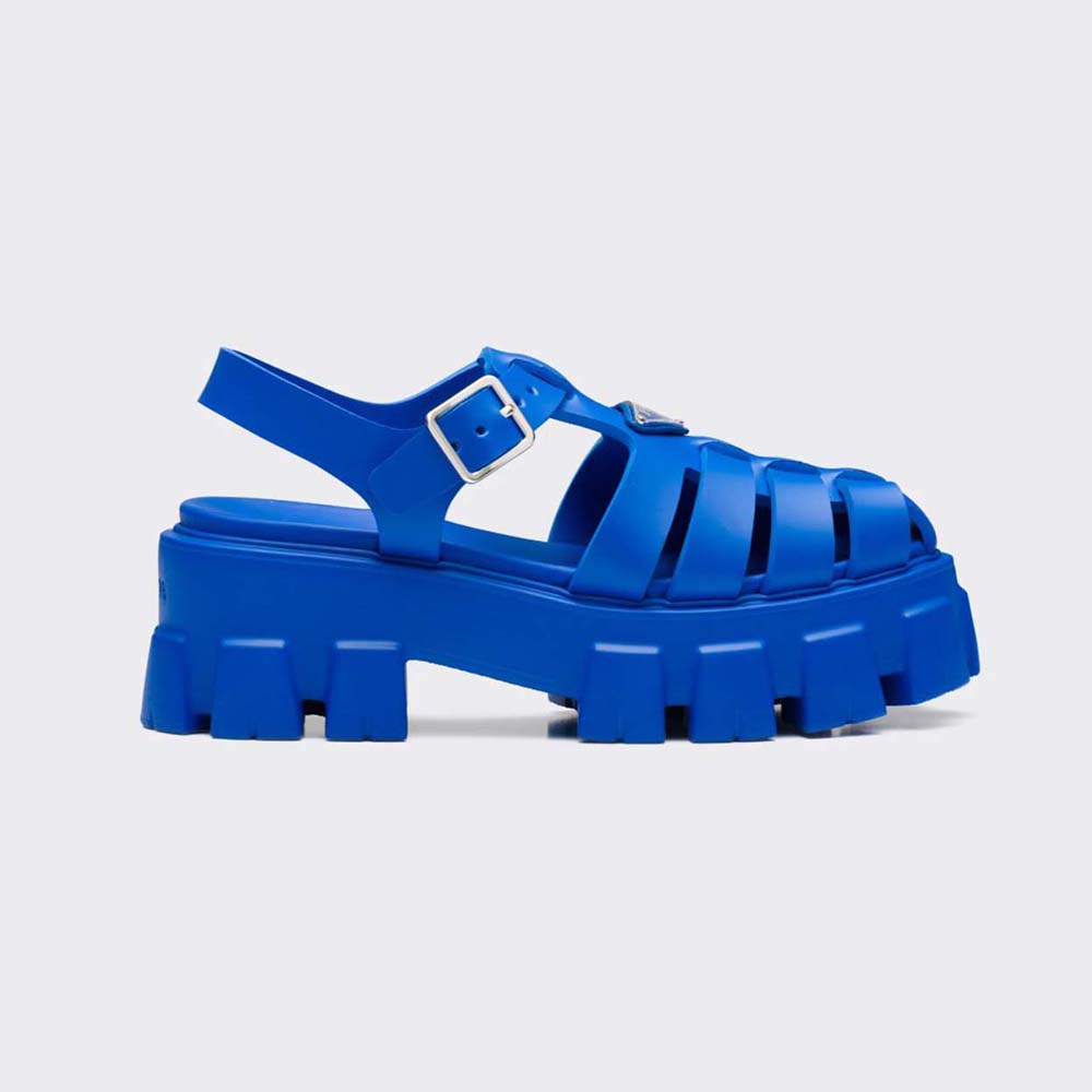 Side view of Prada Women Foam Rubber Sandals in vibrant blue heel