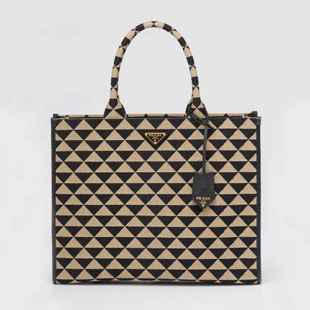 Front view of Prada Women Large Prada Symbole Jacquard Fabric Handbag-Brown