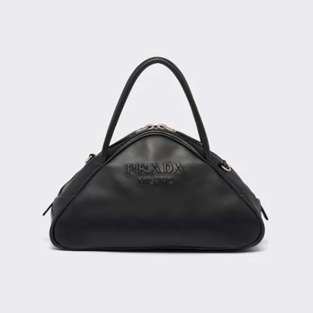 Front angle of Prada Women Leather Prada Triangle Bag-Black showing logo