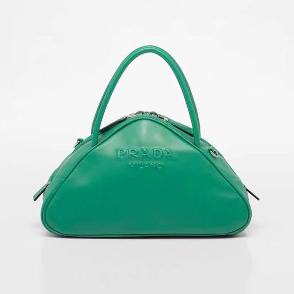 Front view of Prada Women Leather Prada Triangle Bag-Green showing triangular shape