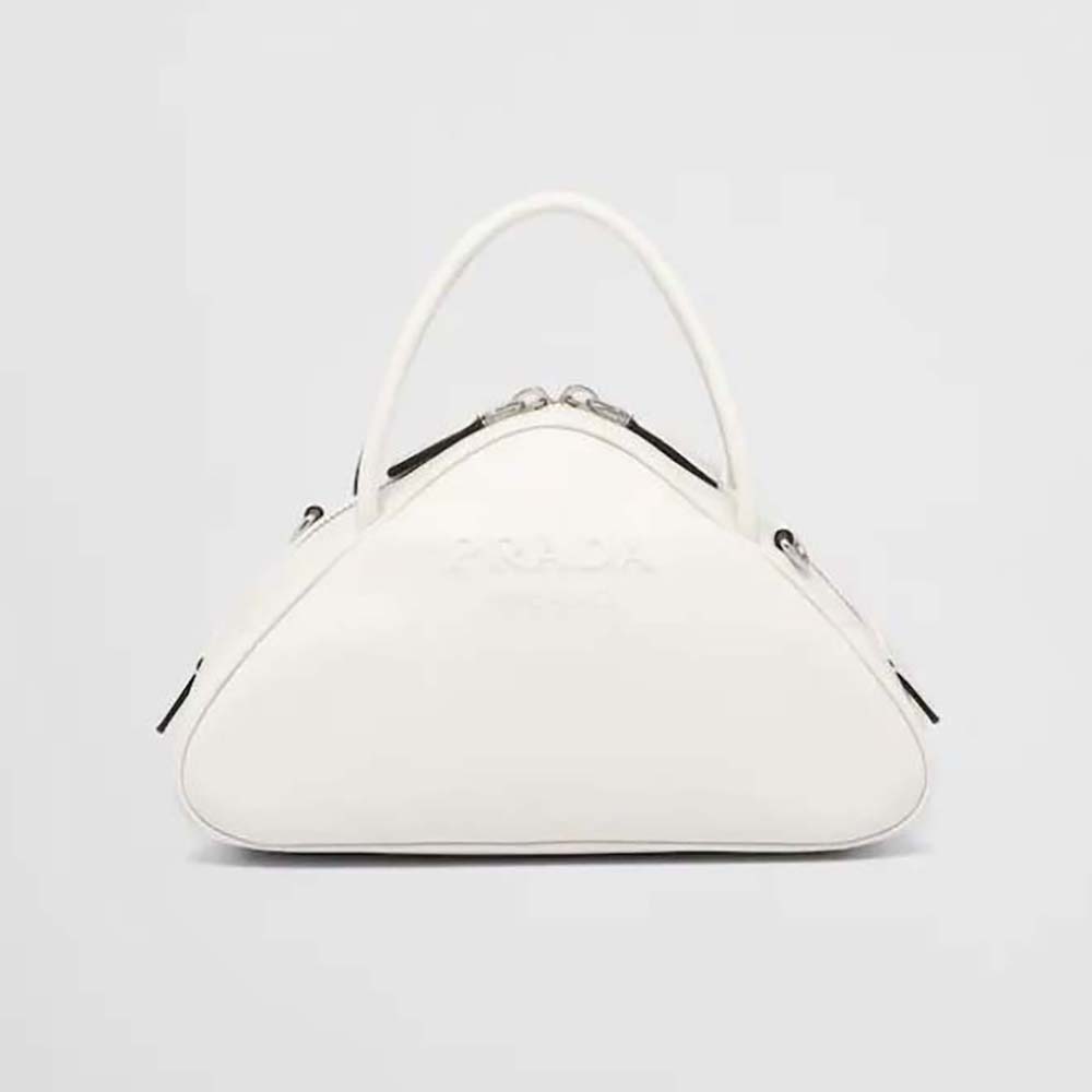 Front view of Prada Women Leather Prada Triangle Bag-White with gold hardware
