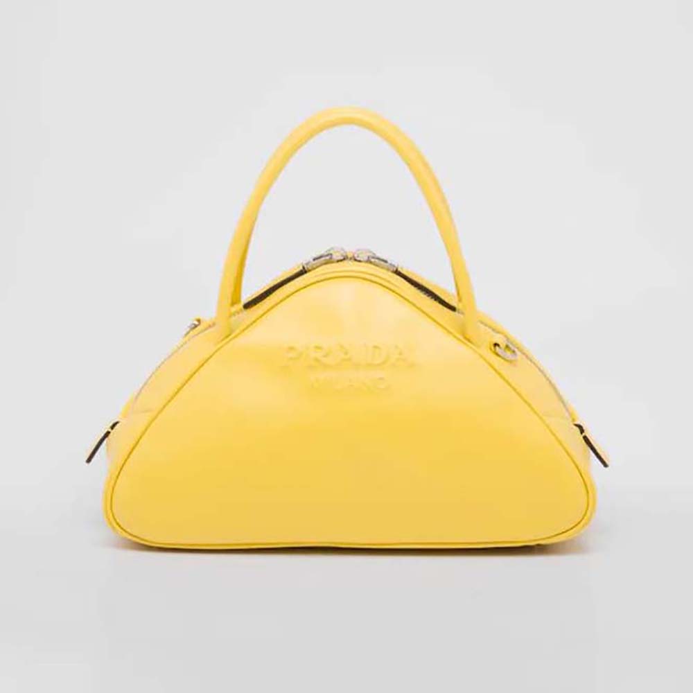Front view of Prada Women Leather Prada Triangle Bag-Yellow with logo detail