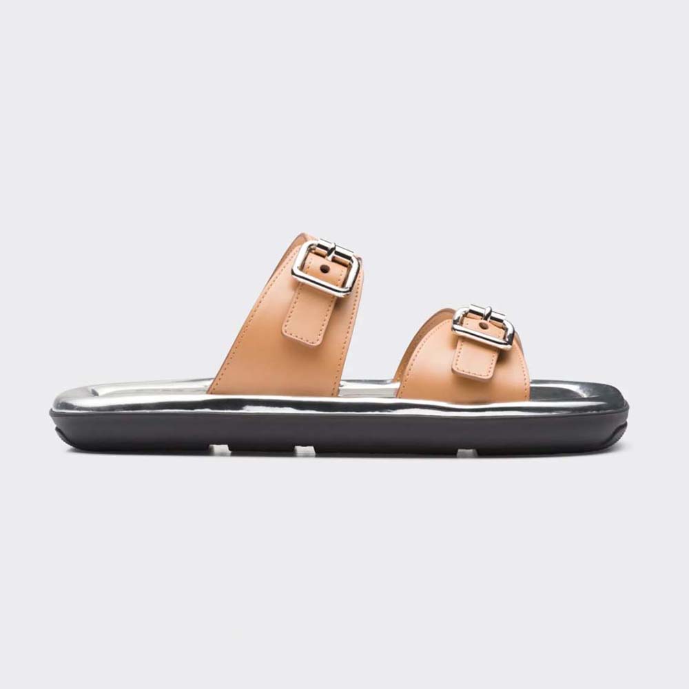 Side view of Prada Women Leather Sandals With Metal Buckle on the Upper-Brown