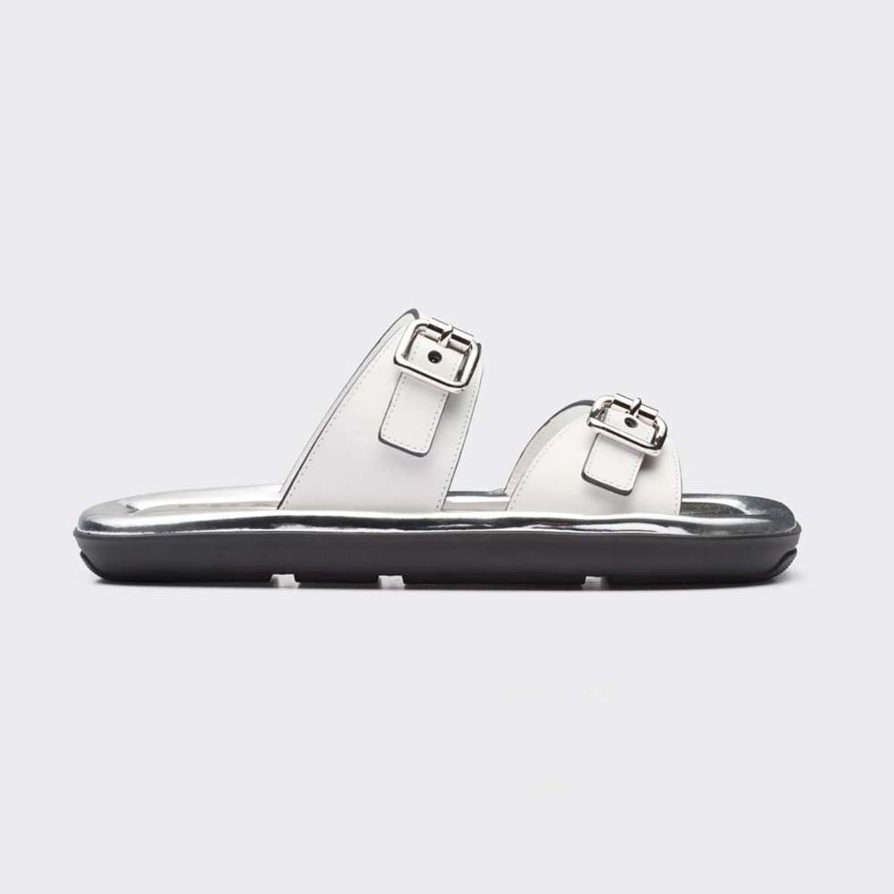 Side angle of Prada Women Leather Sandals With Metal Buckle on the Upper-Silver
