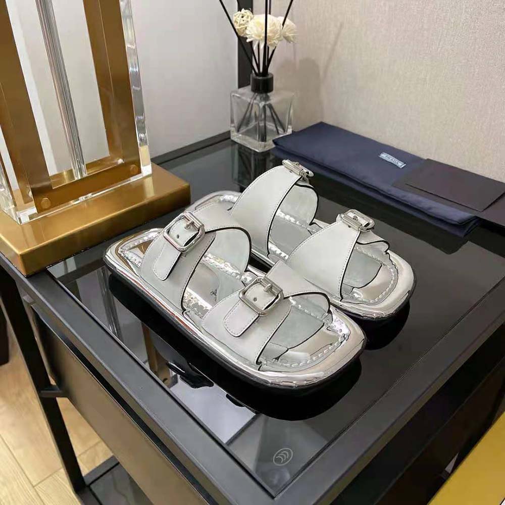 Top-down shot showing open-toe design of Prada Women Leather Sandals