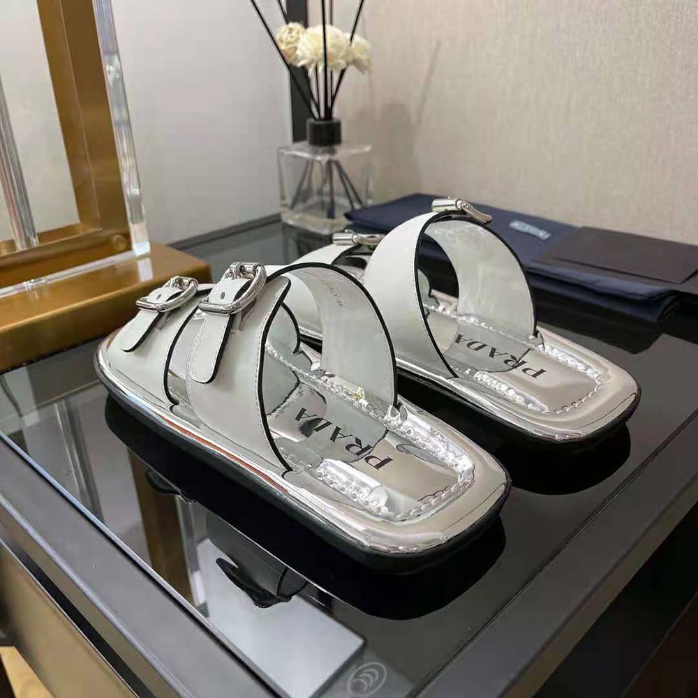 Prada Women Leather Sandals With Metal Buckle on the Upper-Silver - image 6