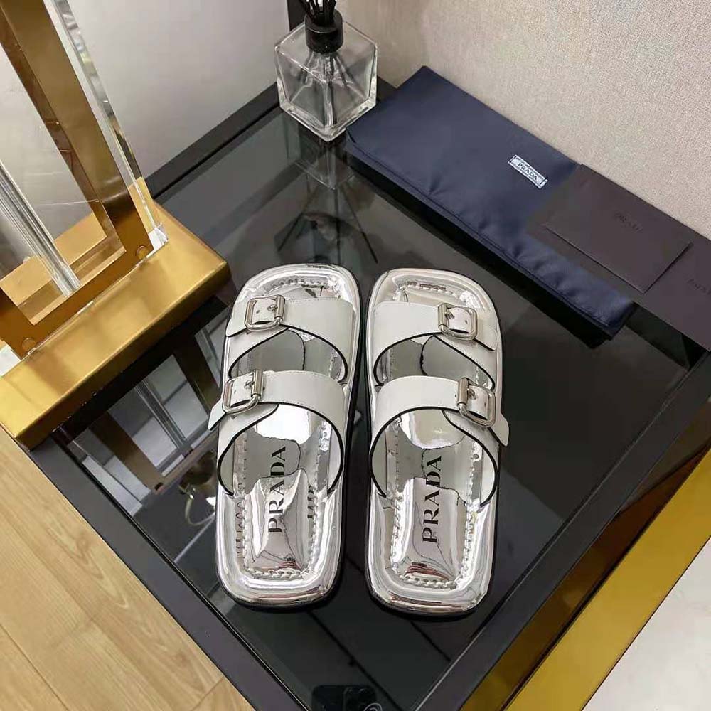 Prada Women Leather Sandals With Metal Buckle on the Upper-Silver - image 4