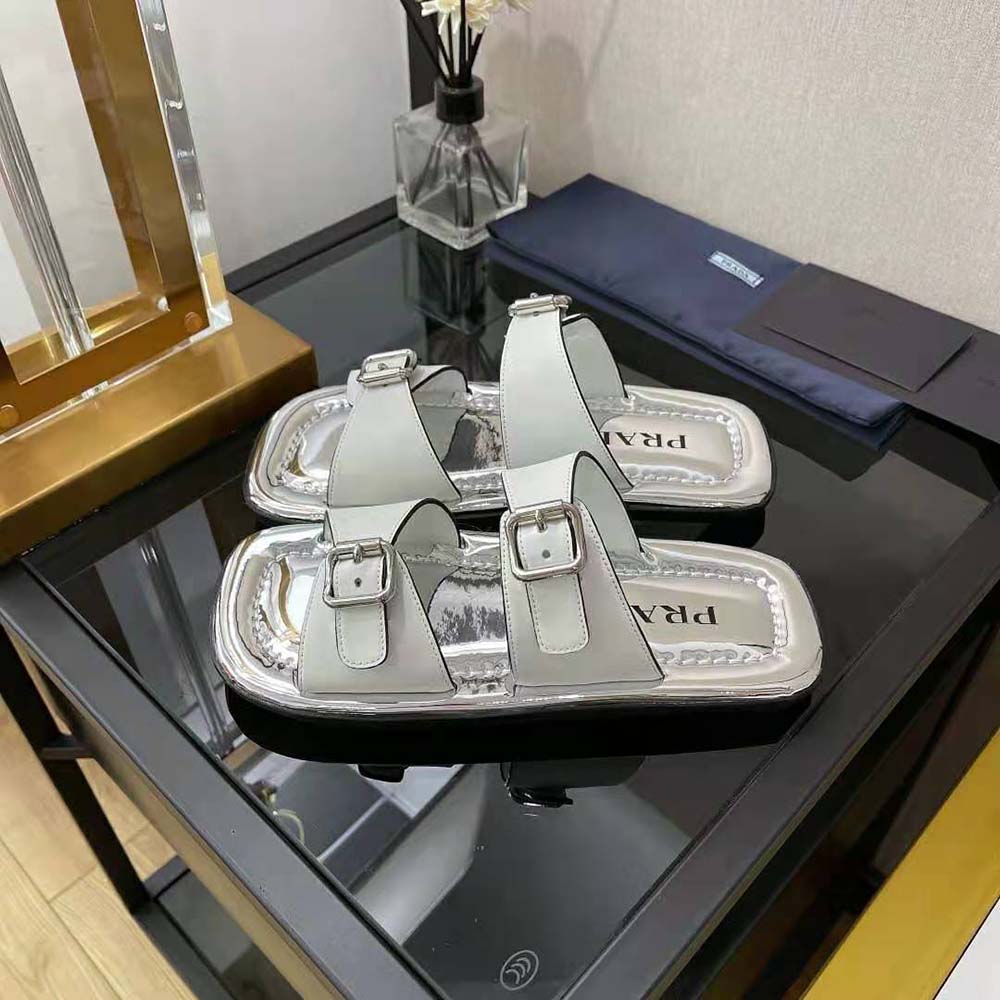 Prada Women Leather Sandals With Metal Buckle on the Upper-Silver - image 5