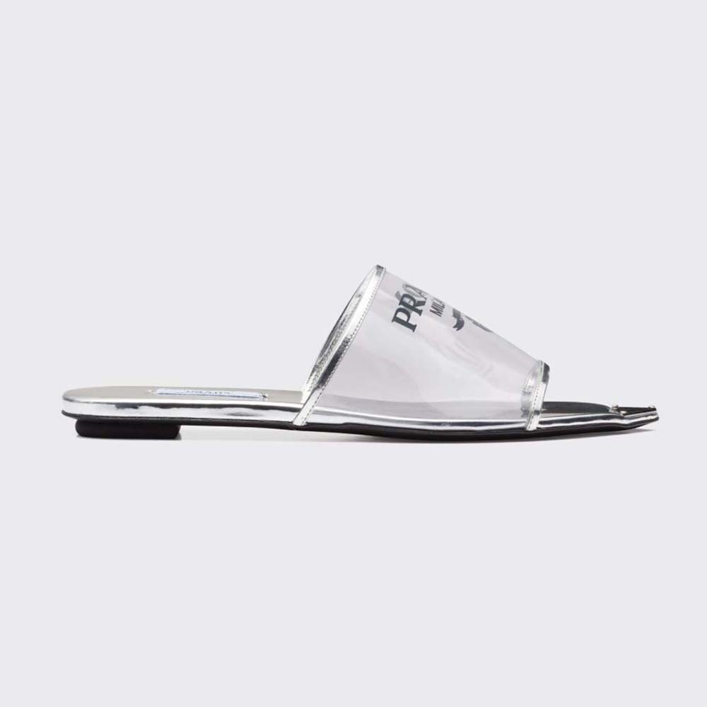 Side view of Prada Women Logo-Print Plexiglas Slides-Silver showing sleek design