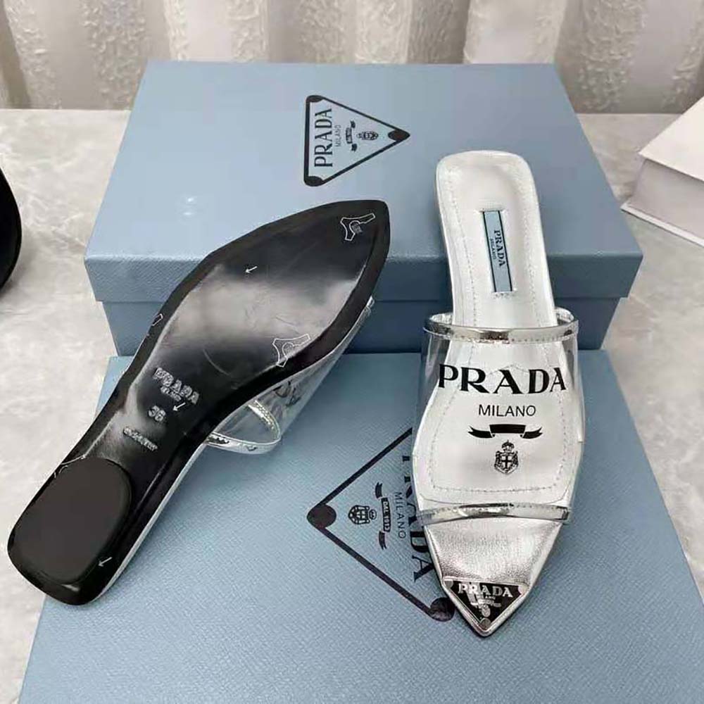 Prada Women Logo-Print Plexiglas Slides-Silver - image 10