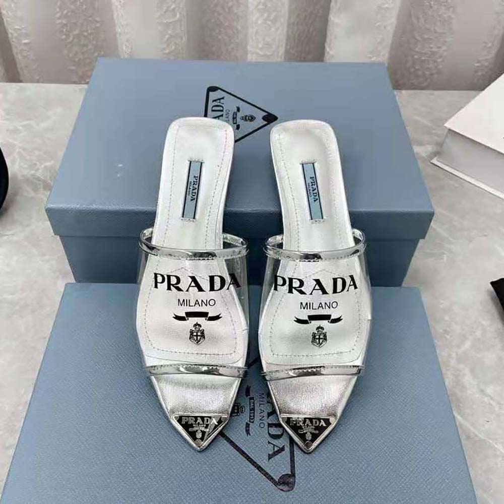 Close-up of silver logo-printed strap on Prada Women Logo-Print Plexiglas Slides-Silver