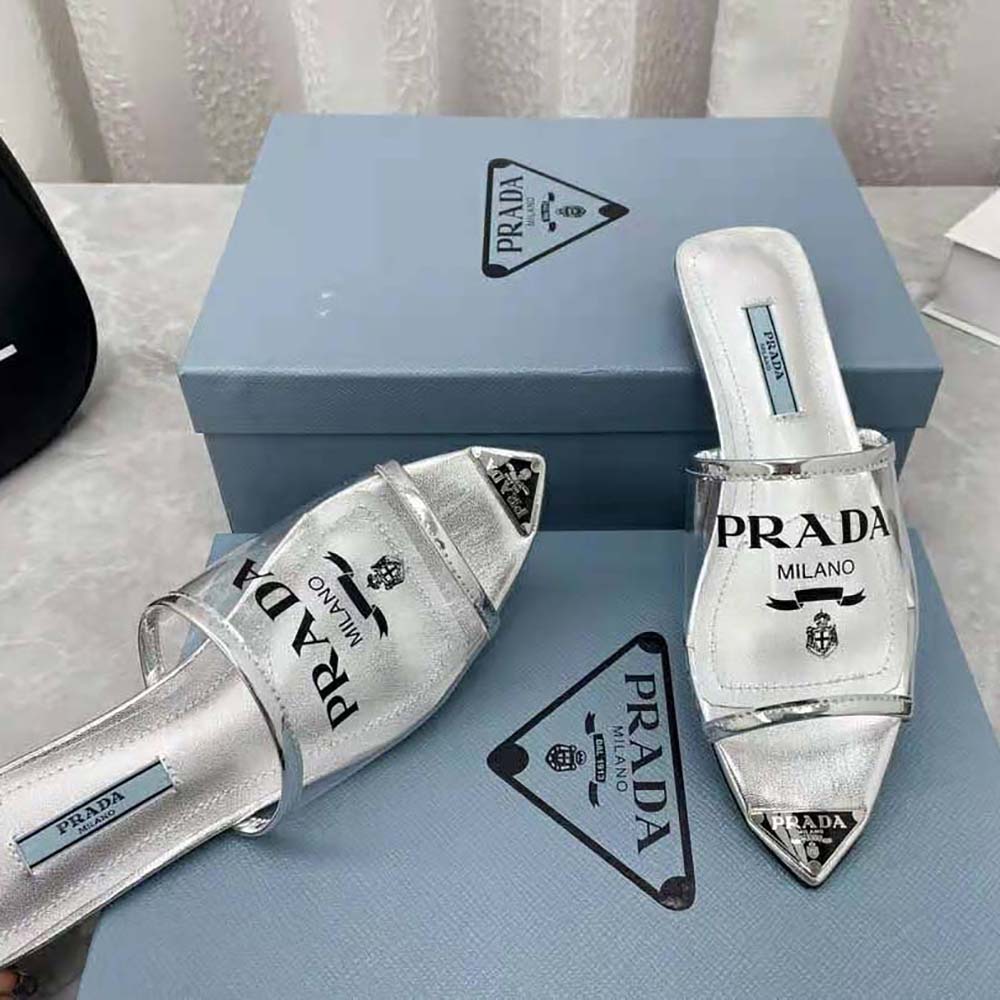 Prada Women Logo-Print Plexiglas Slides-Silver - image 8
