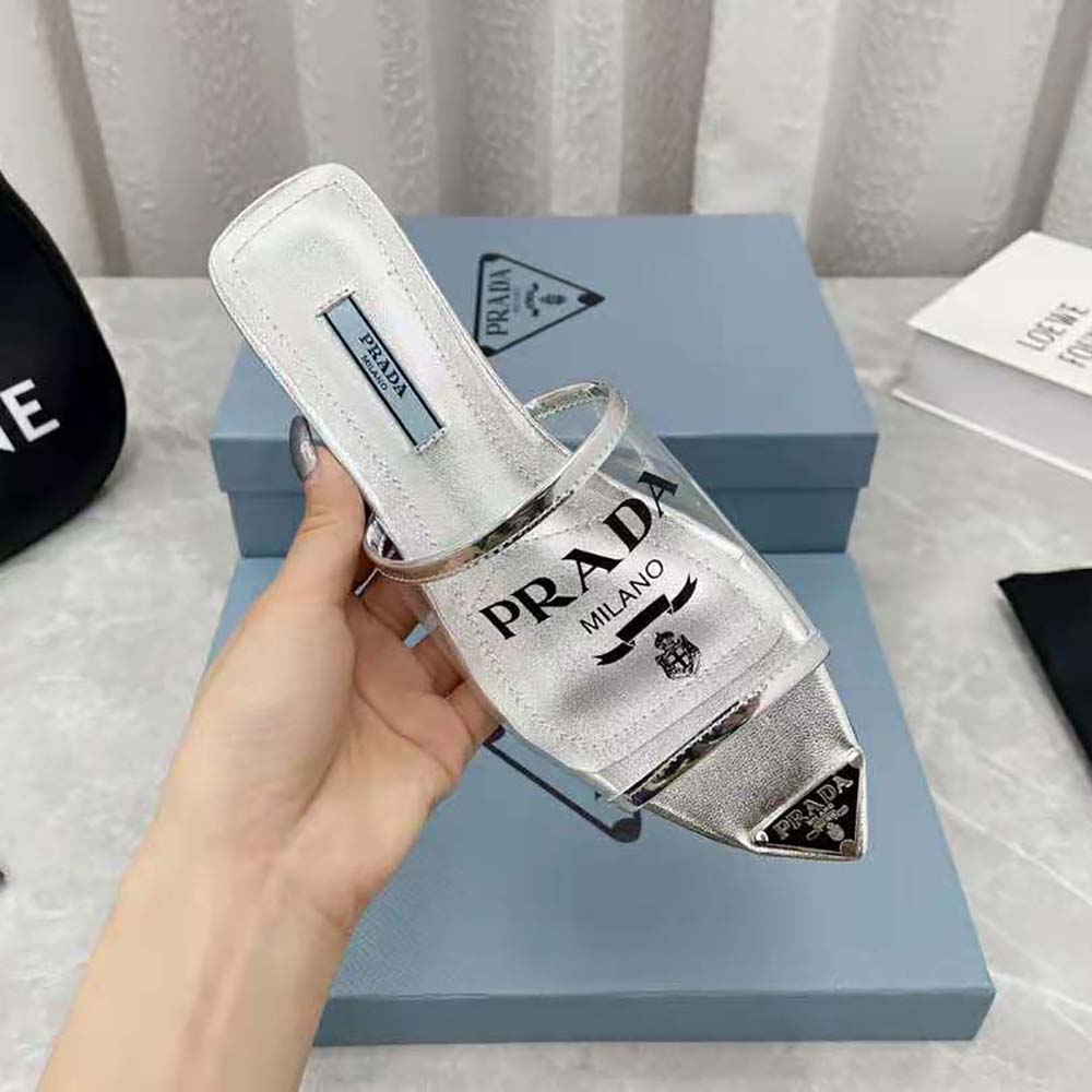 Prada Women Logo-Print Plexiglas Slides-Silver - image 7